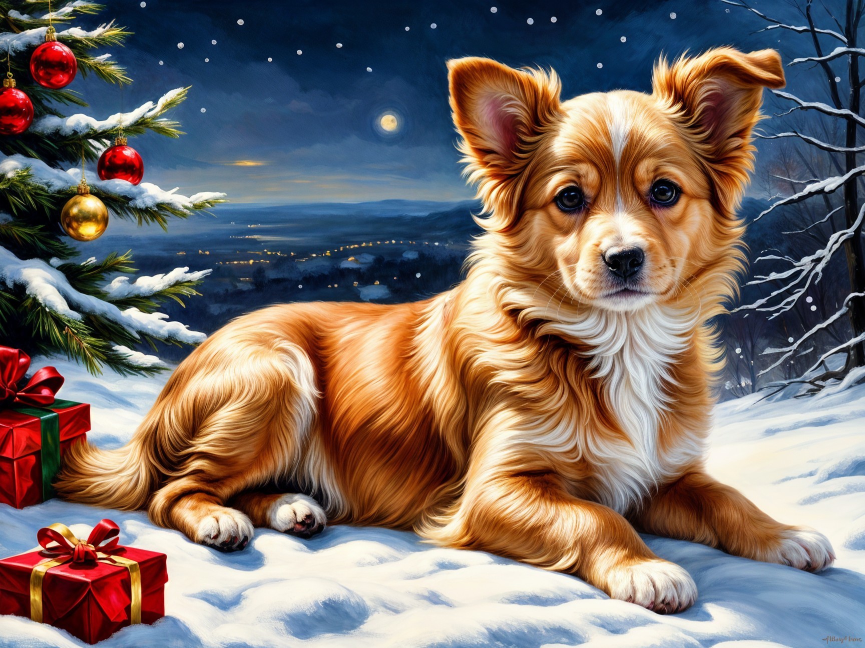 Dog in Snowy Landscape with Christmas Tree and Gifts