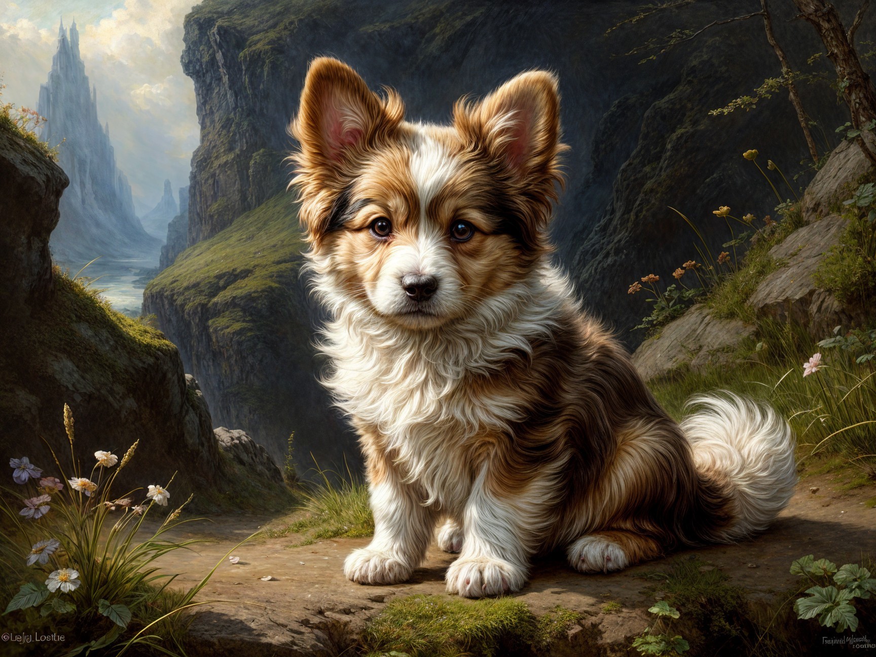 Fluffy Puppy in Serene Landscape with Wildflowers