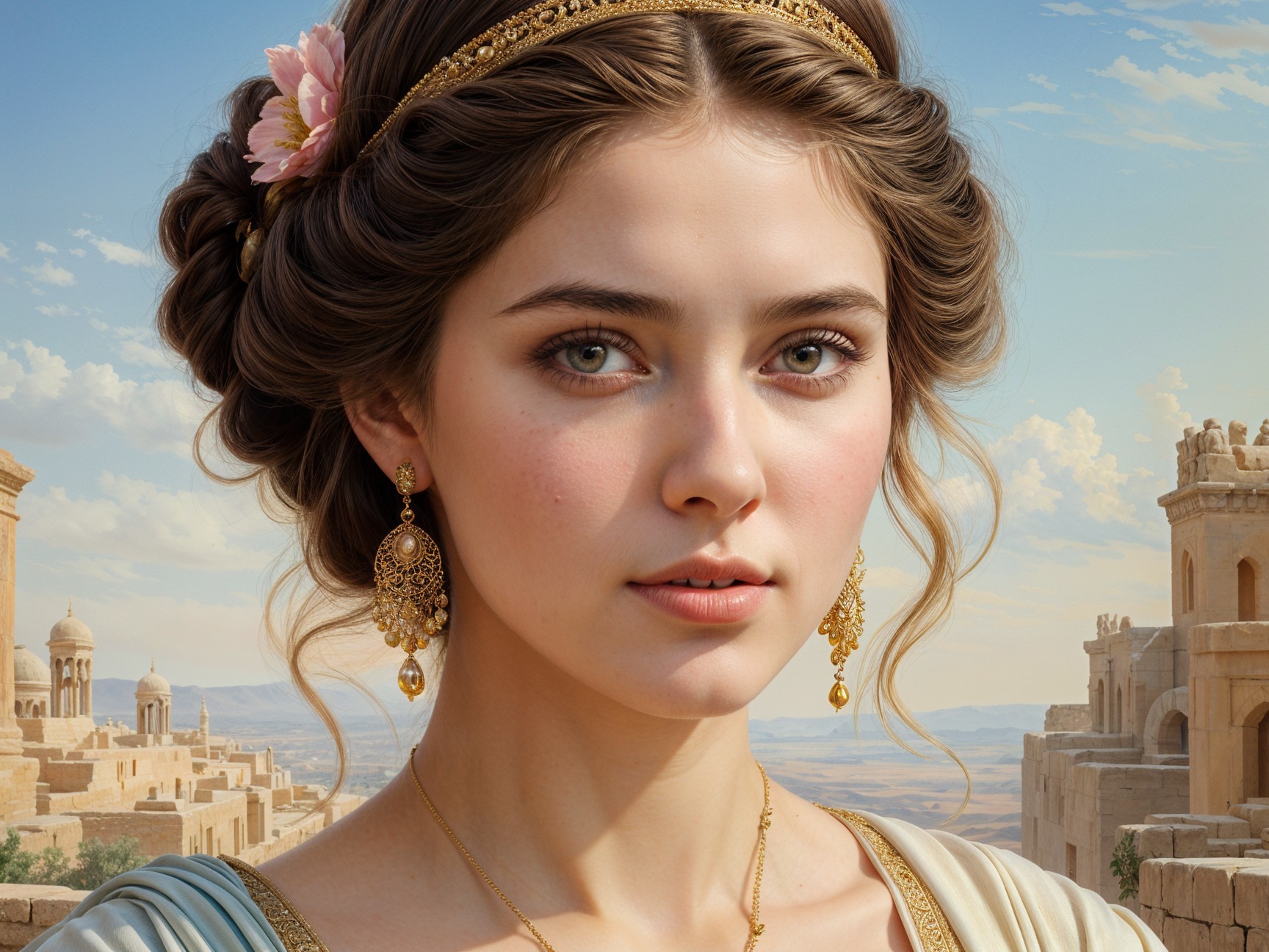 Young woman with flower and headband in historic setting