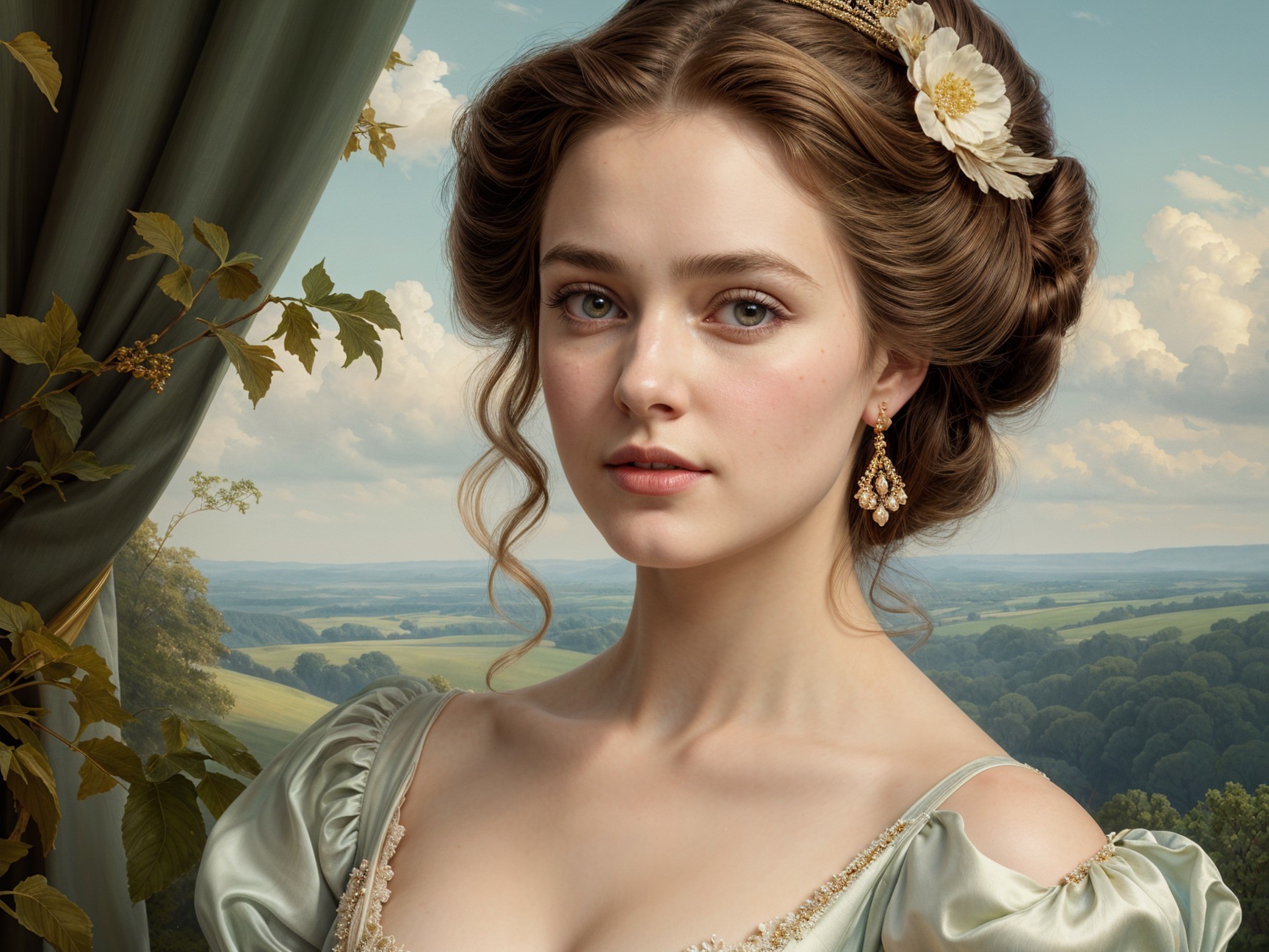 Young Woman in Pastel Gown Against Scenic Hills