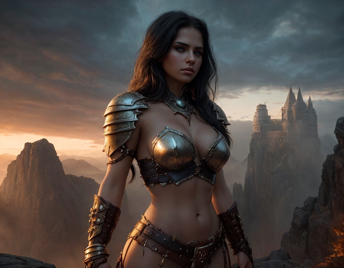 Digital Artwork of Female Warrior by Castle at Sunset