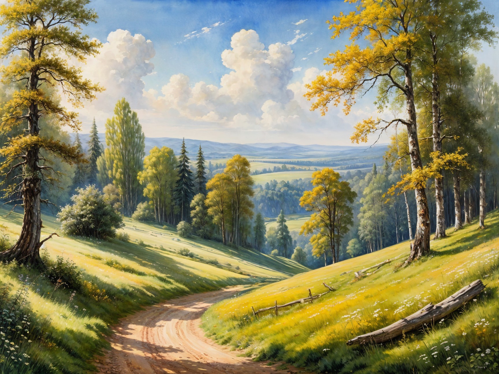 Serene Landscape with Winding Dirt Road and Hills