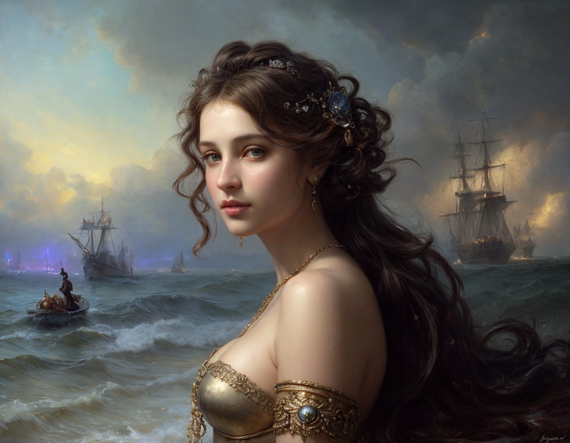 Digital painting: Woman with flowing hair in golden dress, ships, stormy seas
