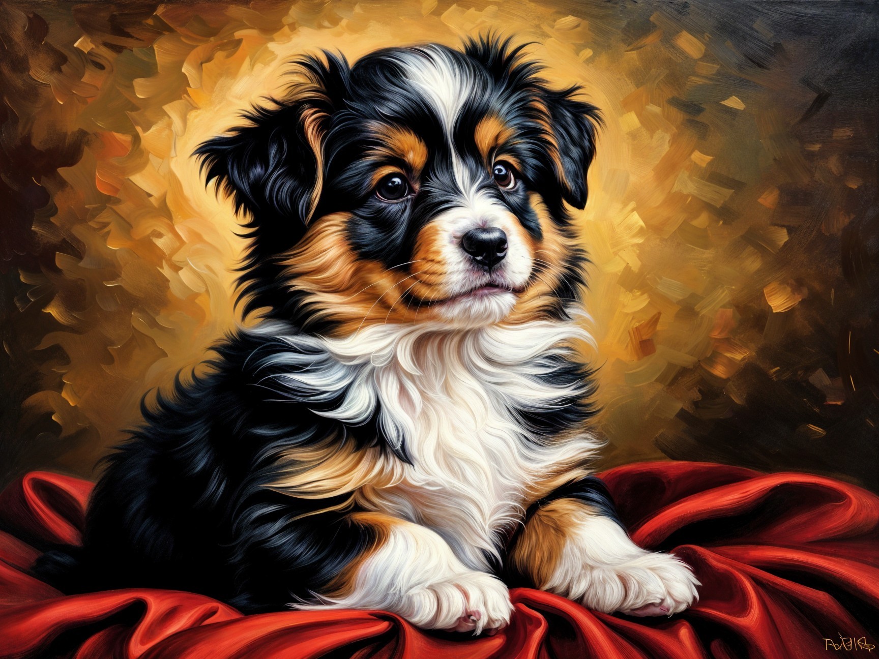 Charming Puppy on Red Fabric with Golden Background