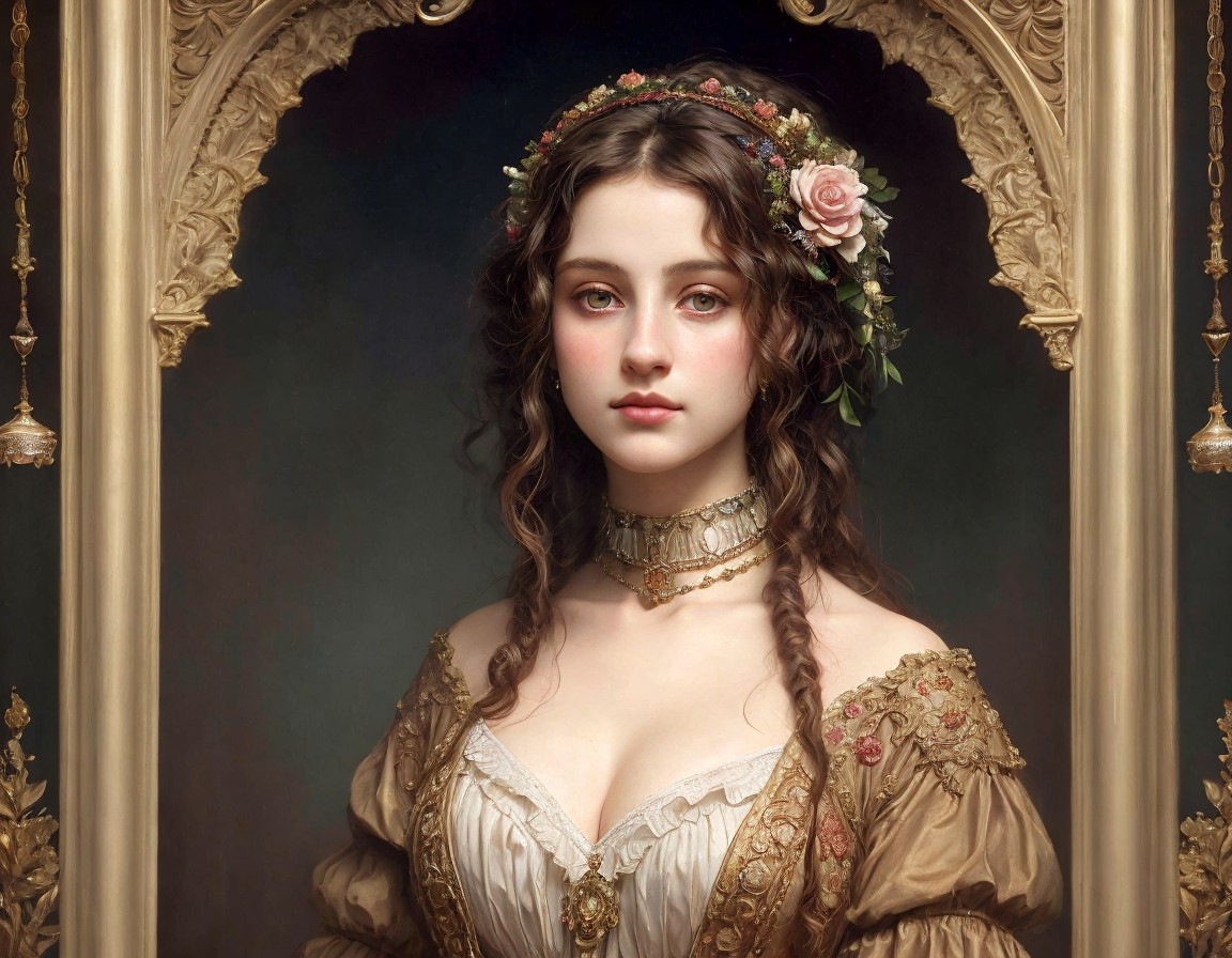 Vintage Portrait of a Young Woman in Floral Frame