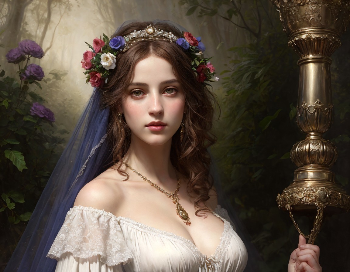 Portrait of a woman with floral crown and veil