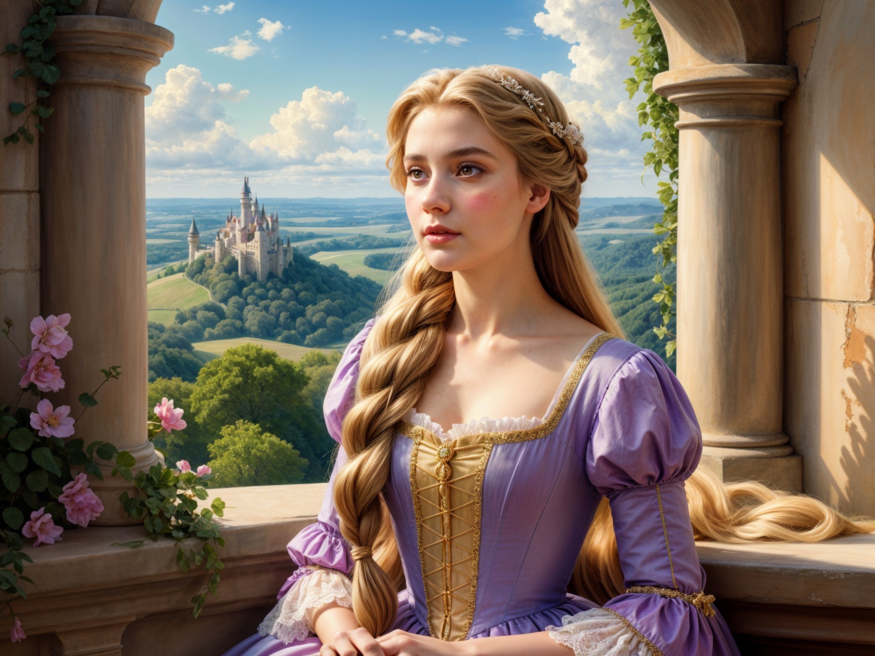 Young Woman in Lavender Dress by Stone Window