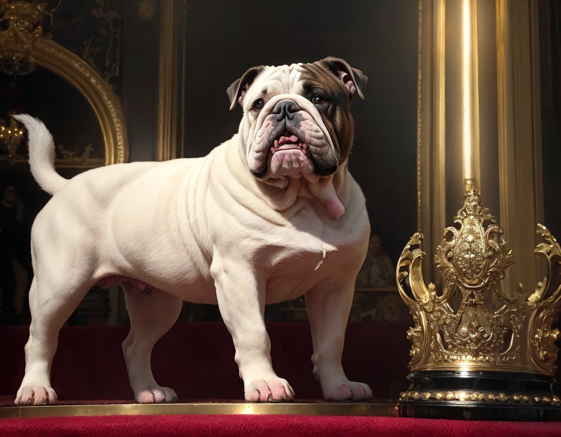 English Bulldog on Ornate Red Carpet Platform in Warm Light