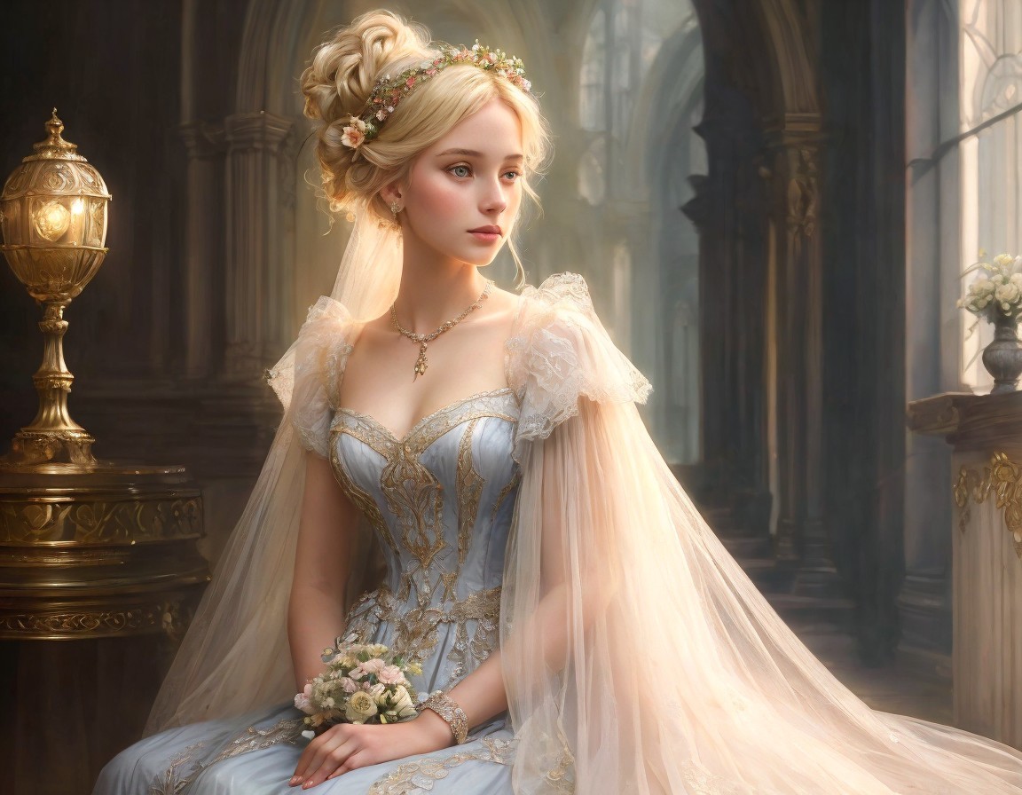 Elegant Young Woman in Pastel Gown in Grand Room
