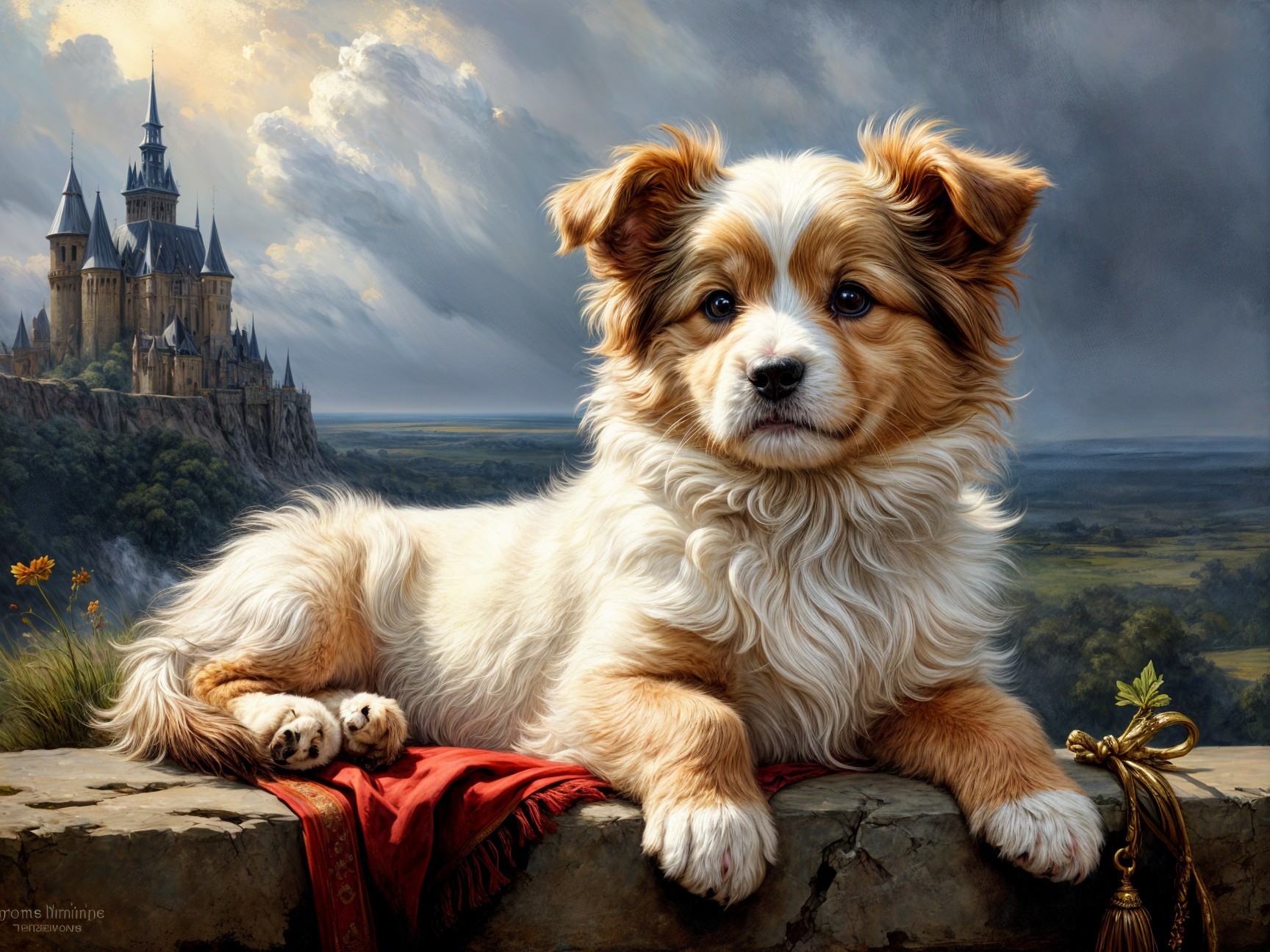 Fluffy Puppy on Rocky Ledge with Castle Background