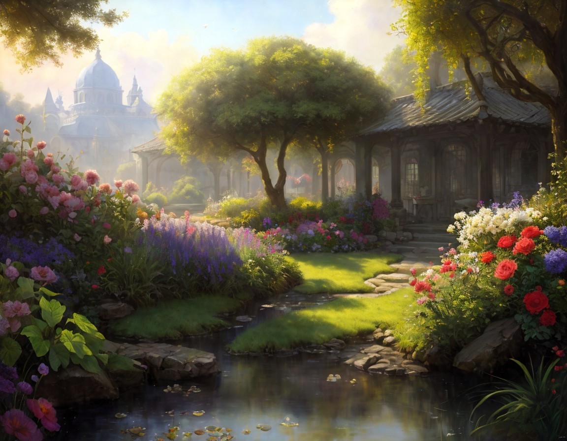 Tranquil garden scene with blooming flowers, stream, and gazebo near grand building