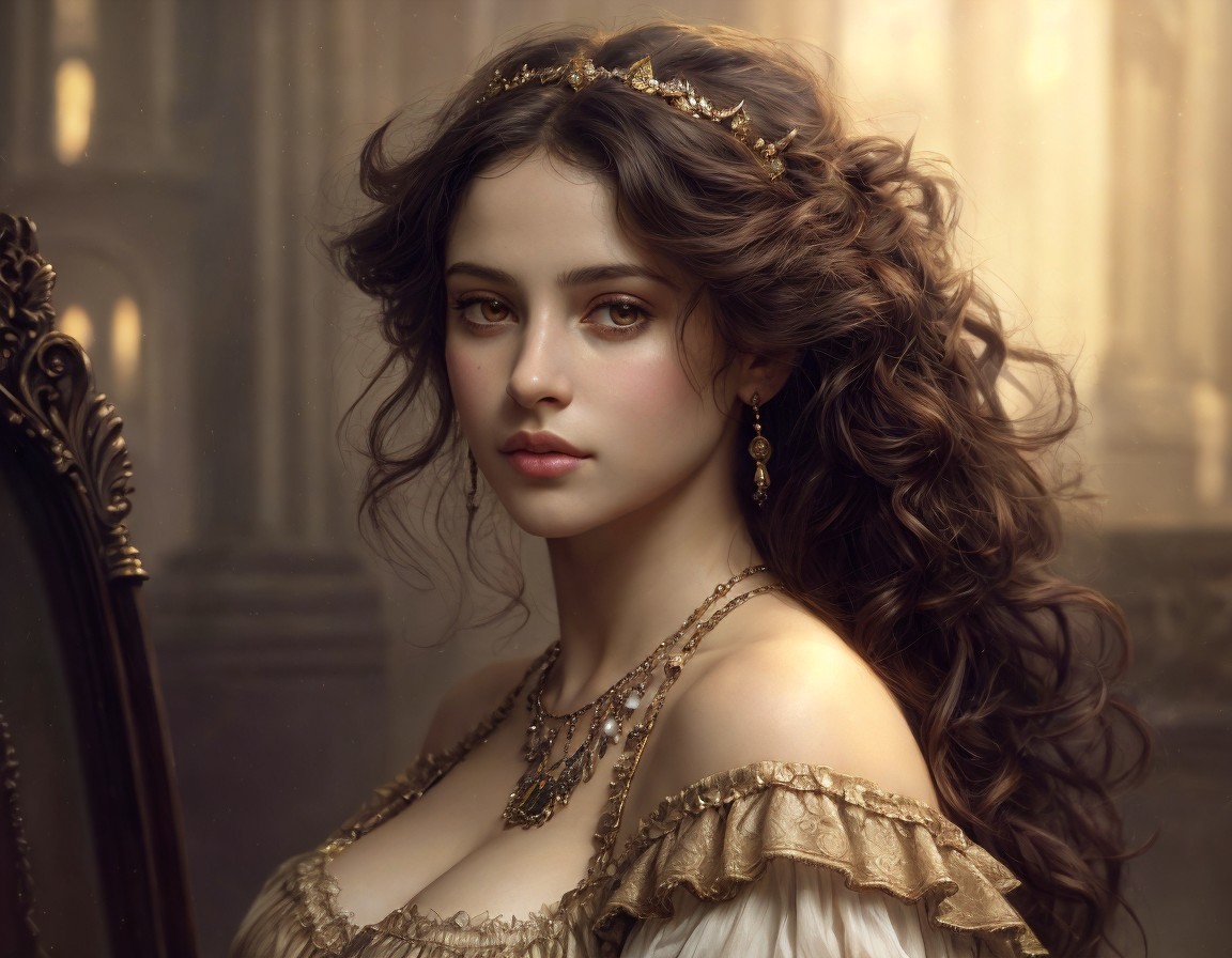 Portrait of a young woman in vintage dress and jewelry