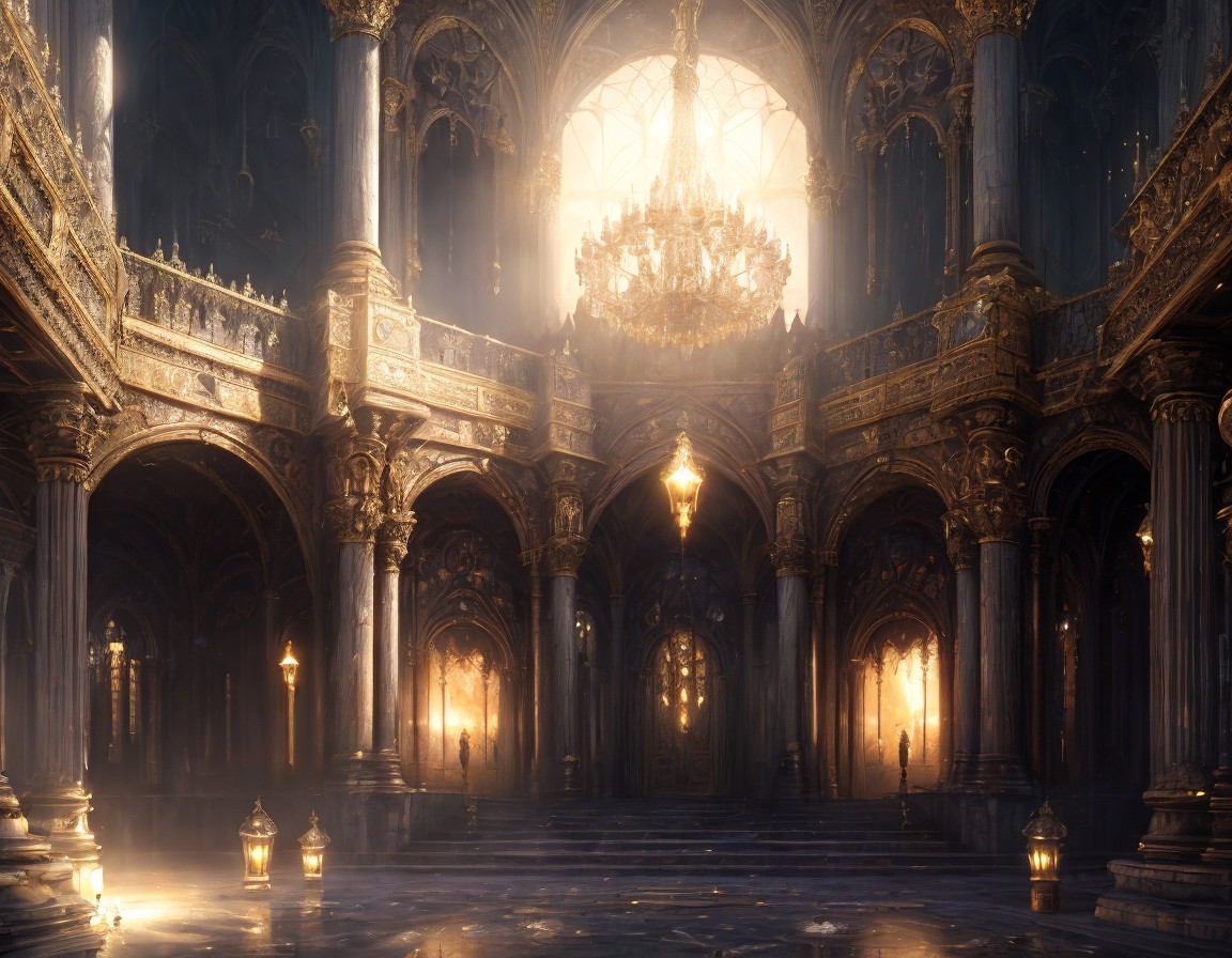 Opulent cathedral interior with grand arches and chandelier