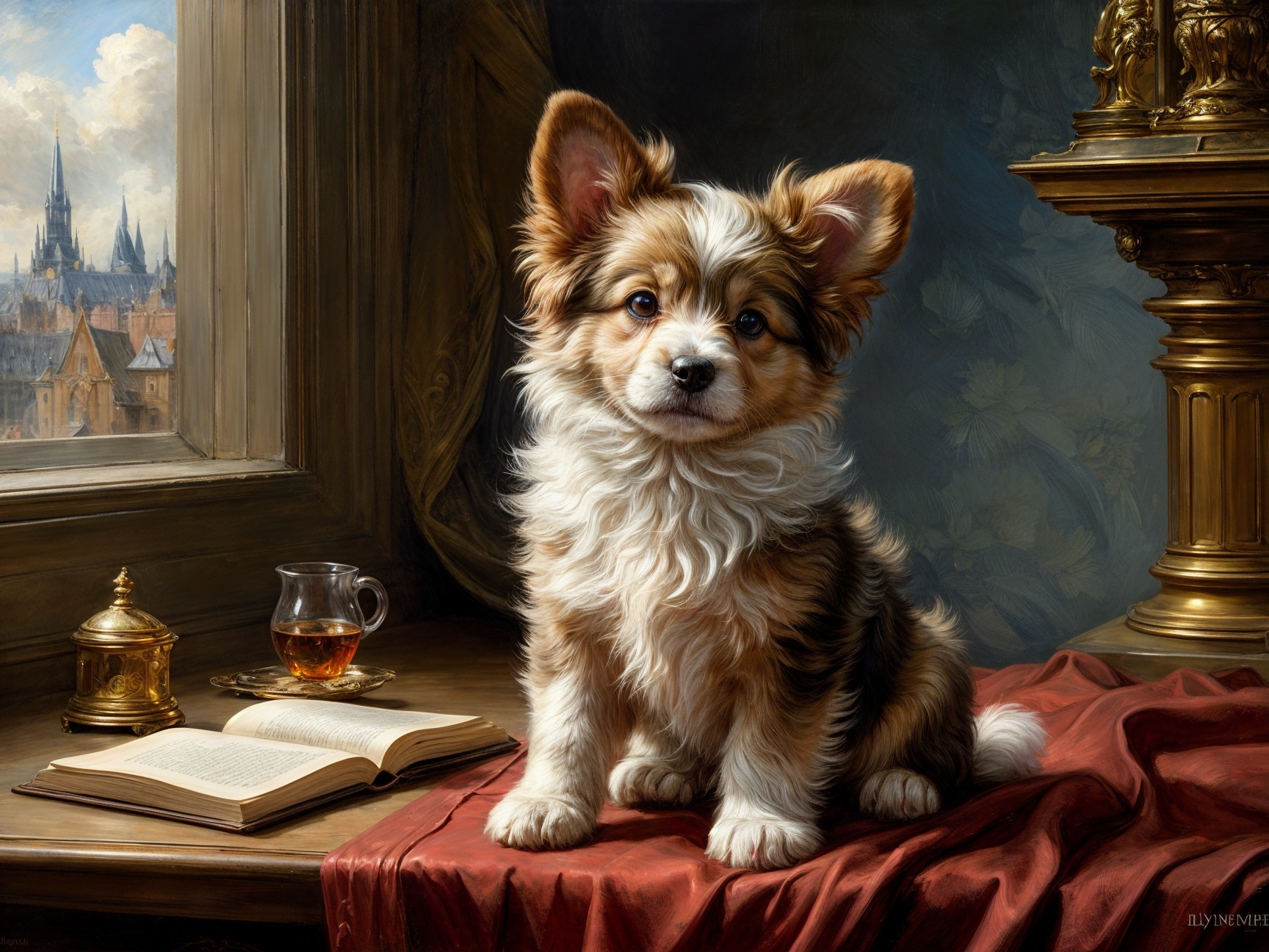 Fluffy Puppy on Red Cloth in Cozy Room Setting