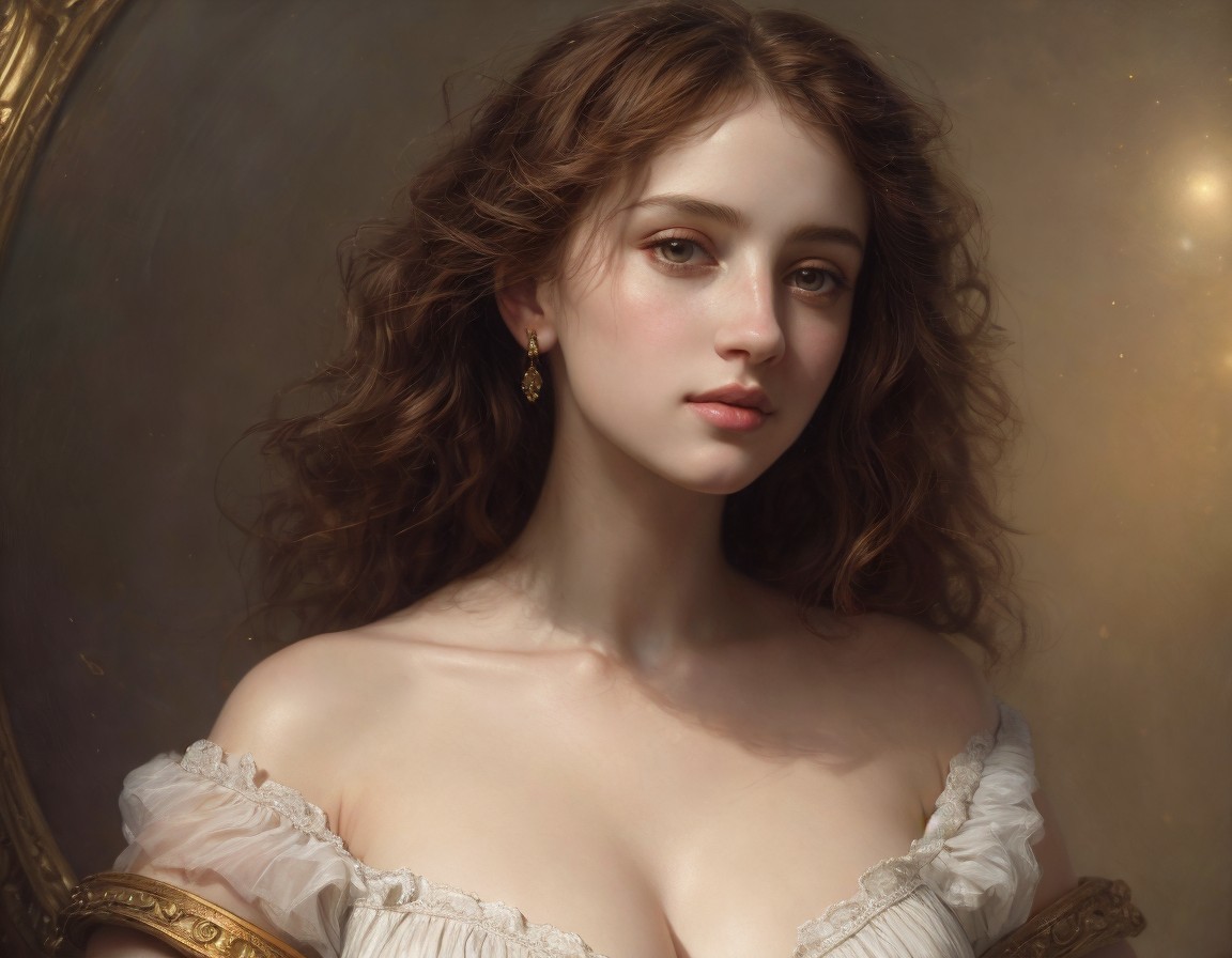 Young Woman in Off-the-Shoulder Gown with Ethereal Lighting
