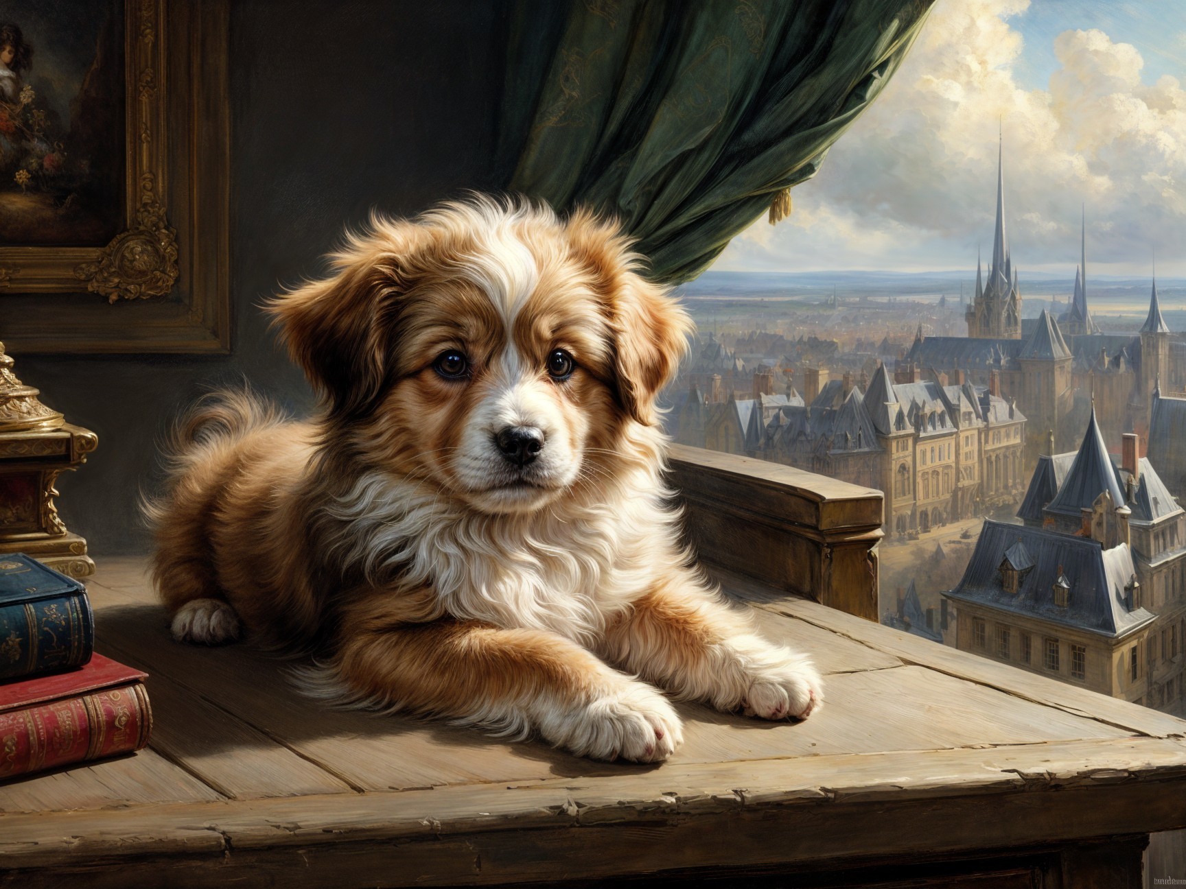 Cozy Scene of a Puppy with Antique Books and Cityscape