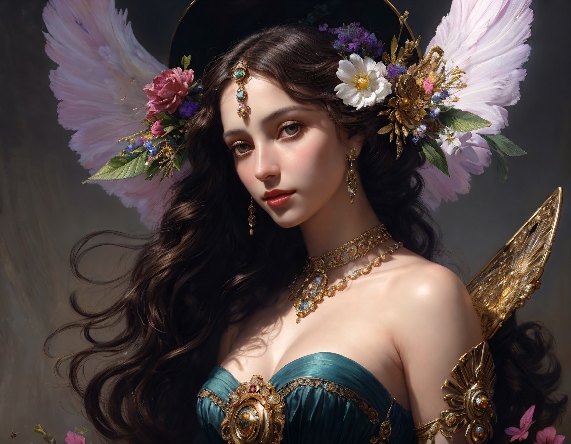 Digital Artwork of Woman in Green Dress with Headpiece