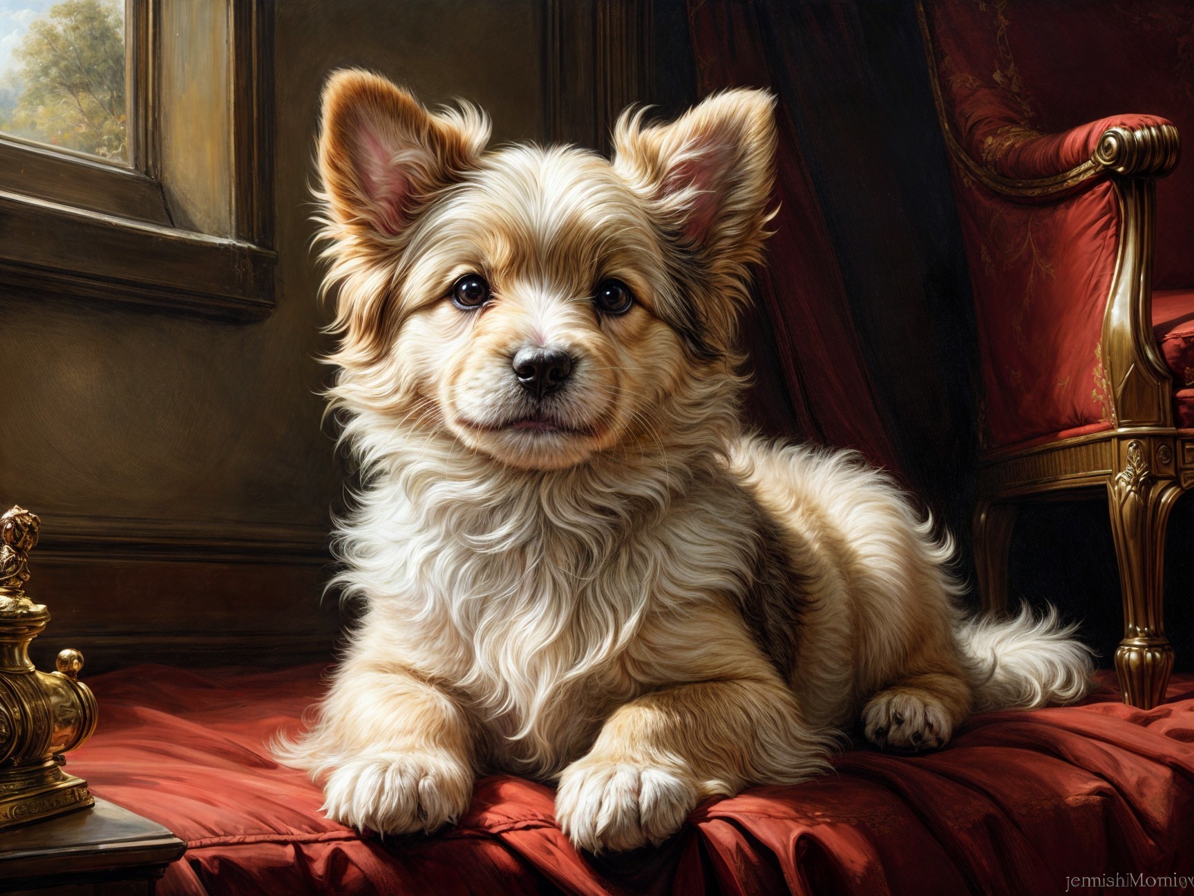 Small fluffy dog resting on a red cushion indoors