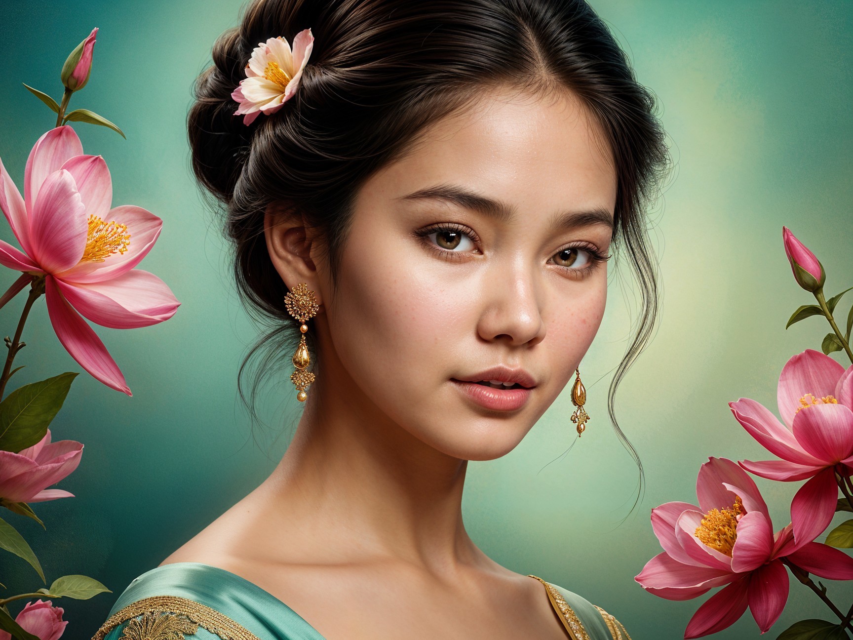 Portrait of a Young Woman with Floral Accessories