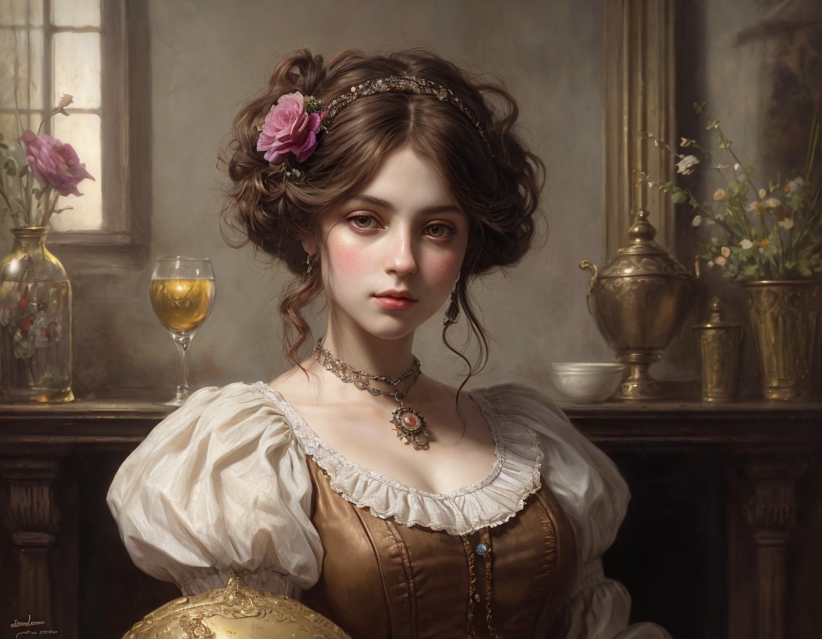 Portrait of a young woman in a vintage white dress