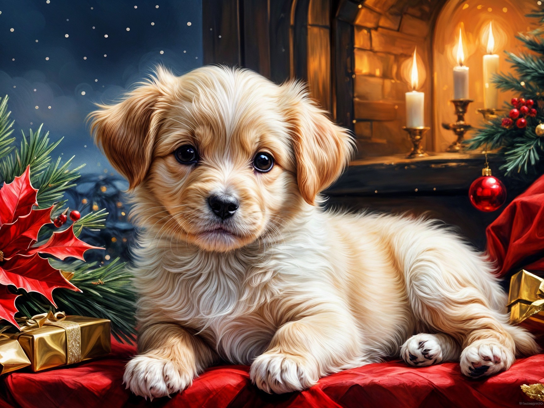 Golden-haired puppy on festive blanket with decorations