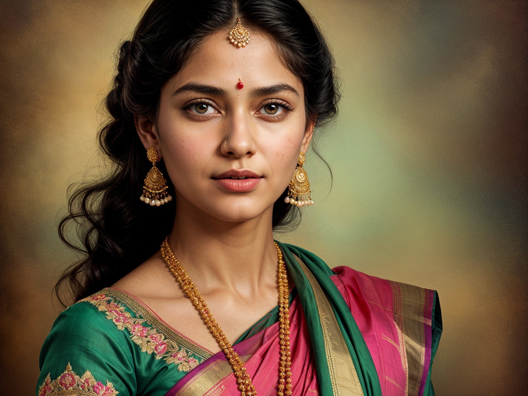 Young Woman in Vibrant Silk Saree and Jewelry