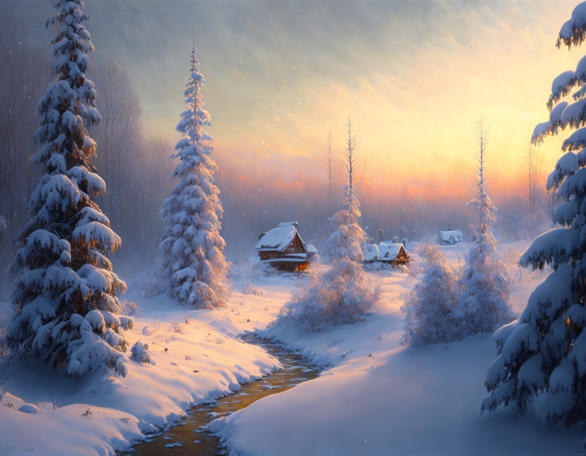 Winter sunset scene with stream, pine trees, and cottages in snow-covered landscape