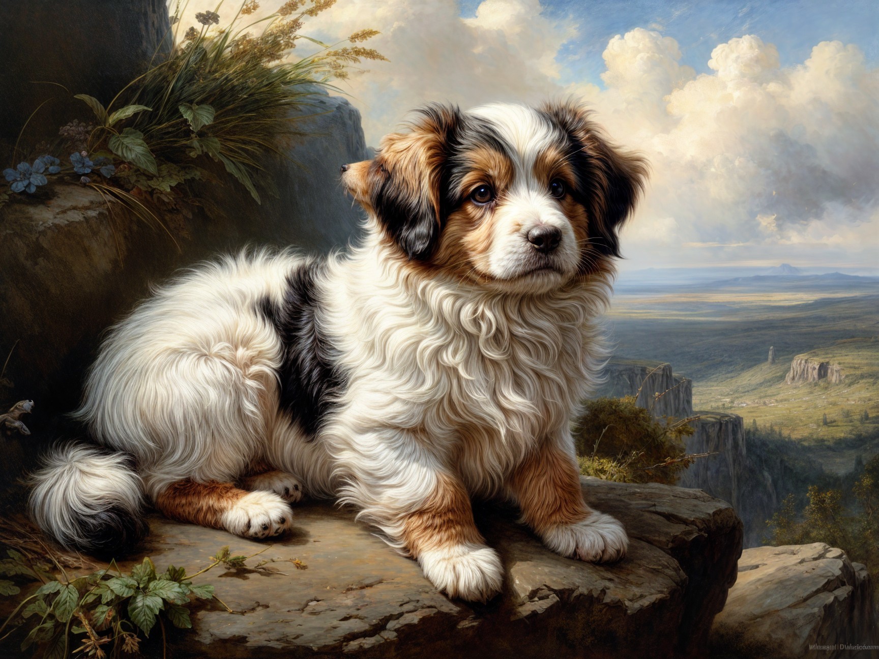 Fluffy Tri-Color Puppy on Rocky Ledge with Landscape