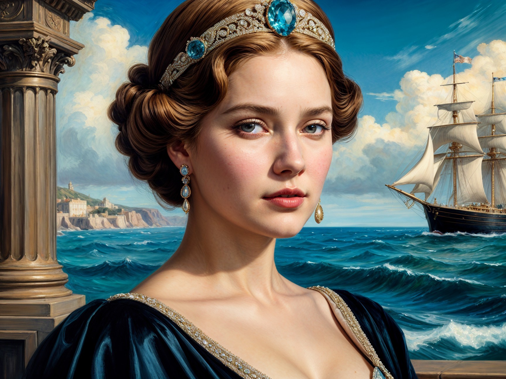 Young woman in dark dress with ocean backdrop