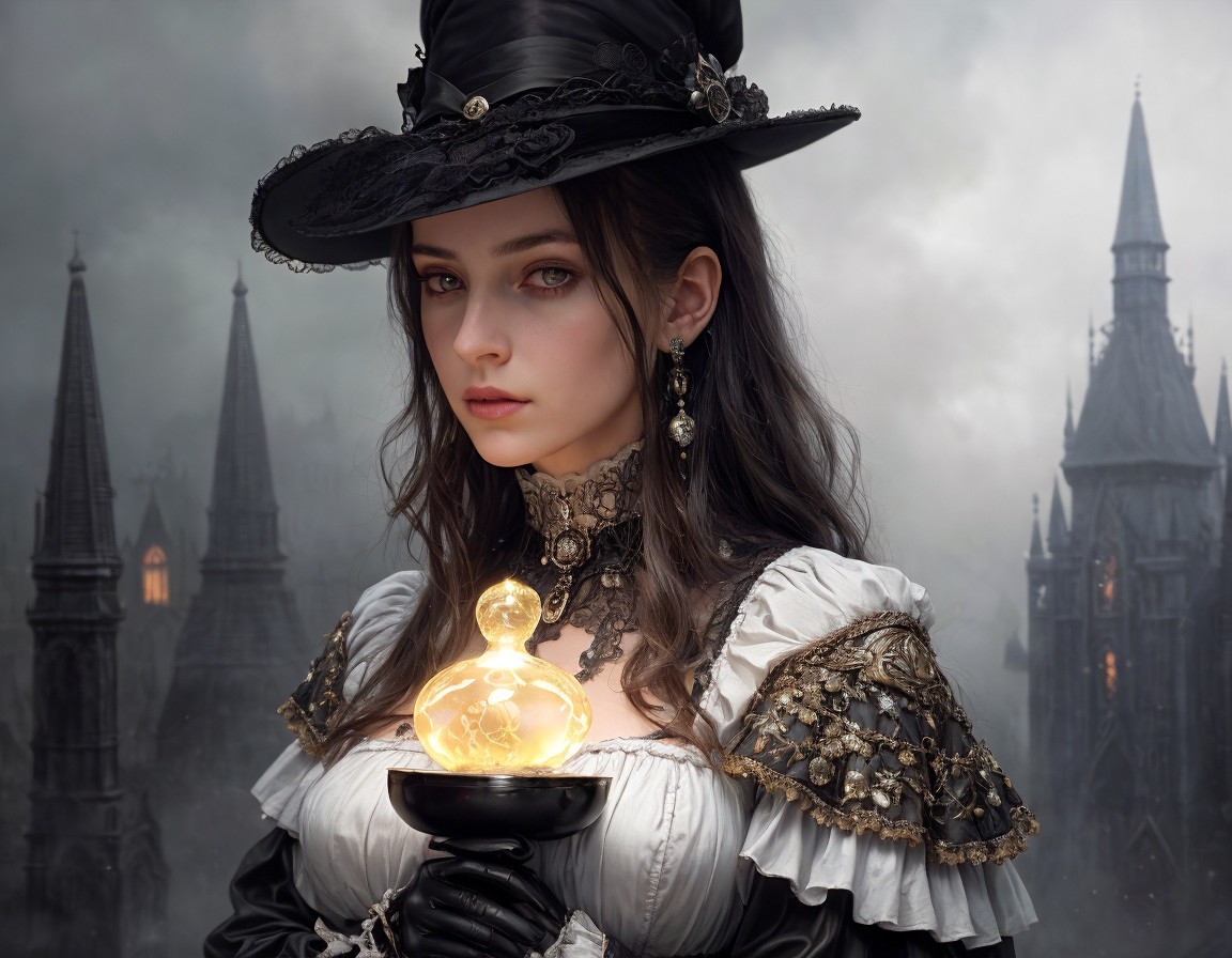 Victorian woman with glowing orb in misty castle backdrop