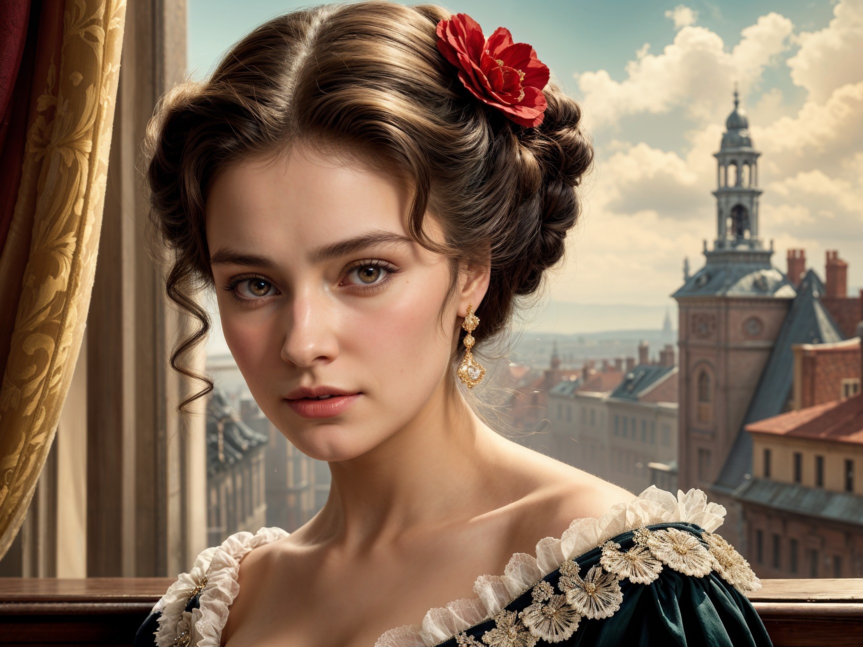 Historical Portrait of a Young Woman in Elegant Dress
