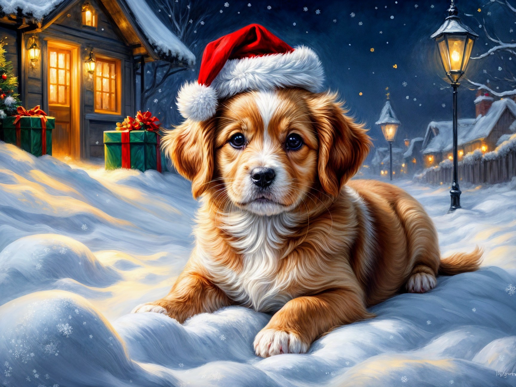 Puppy in Santa Hat Surrounded by Winter Wonderland