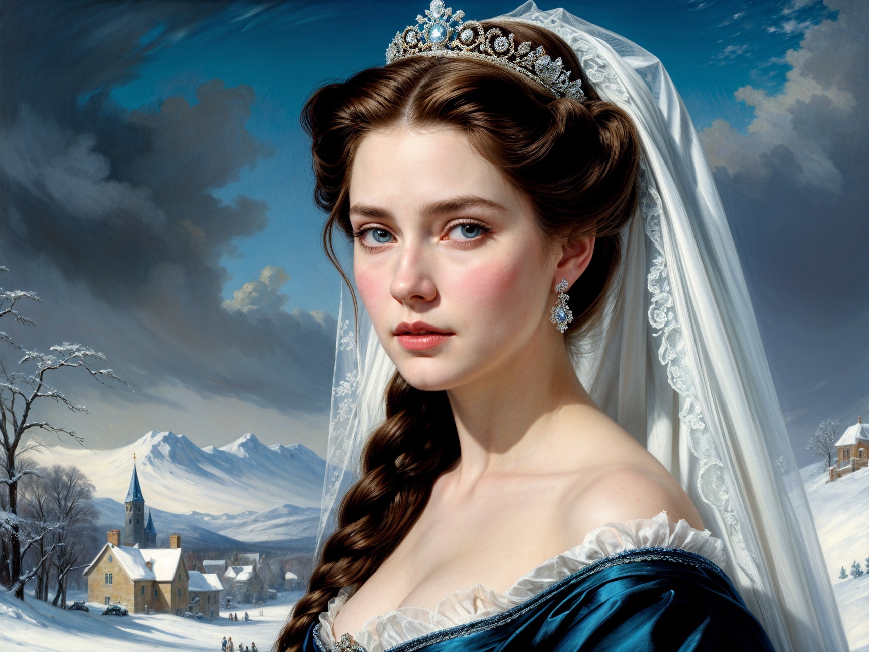 Young woman in blue gown with snowy landscape backdrop