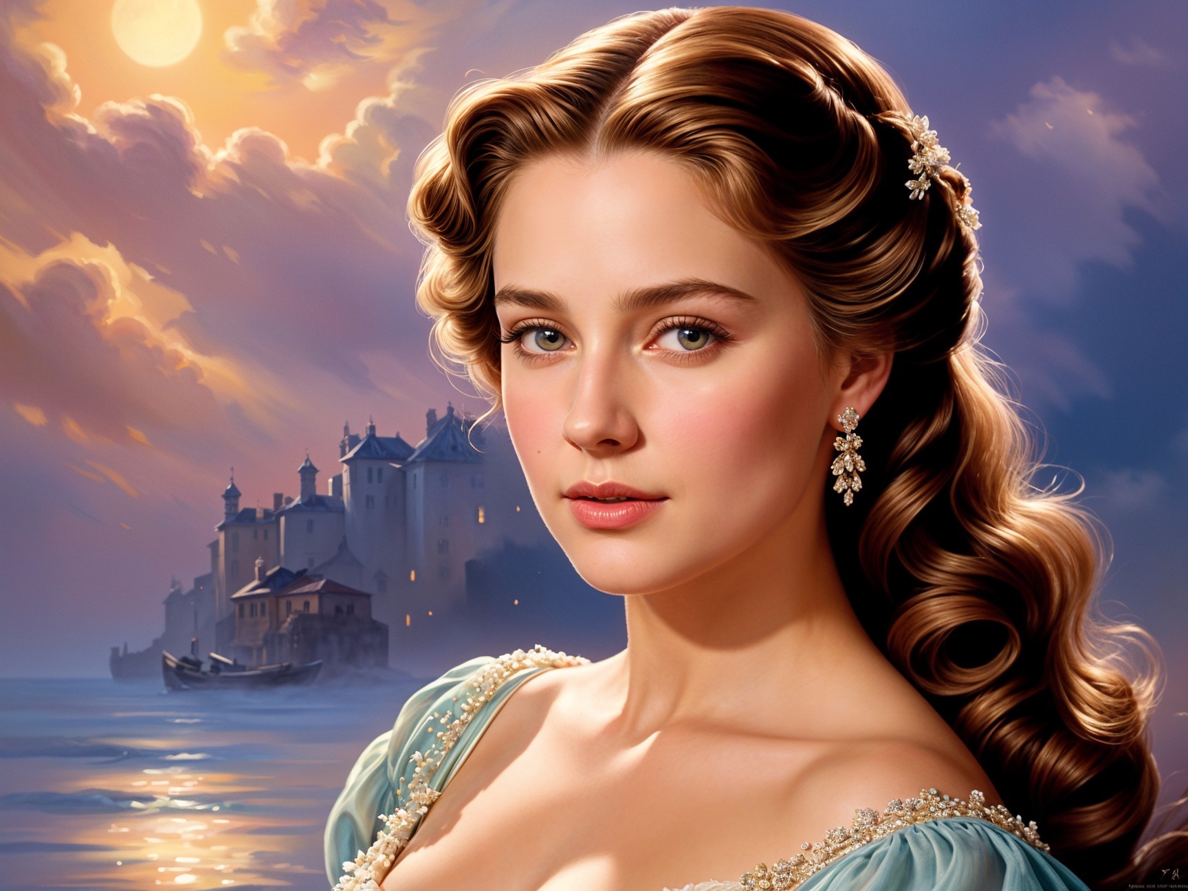 Serene Young Woman in Elegant Blue Gown at Sunset Coastline