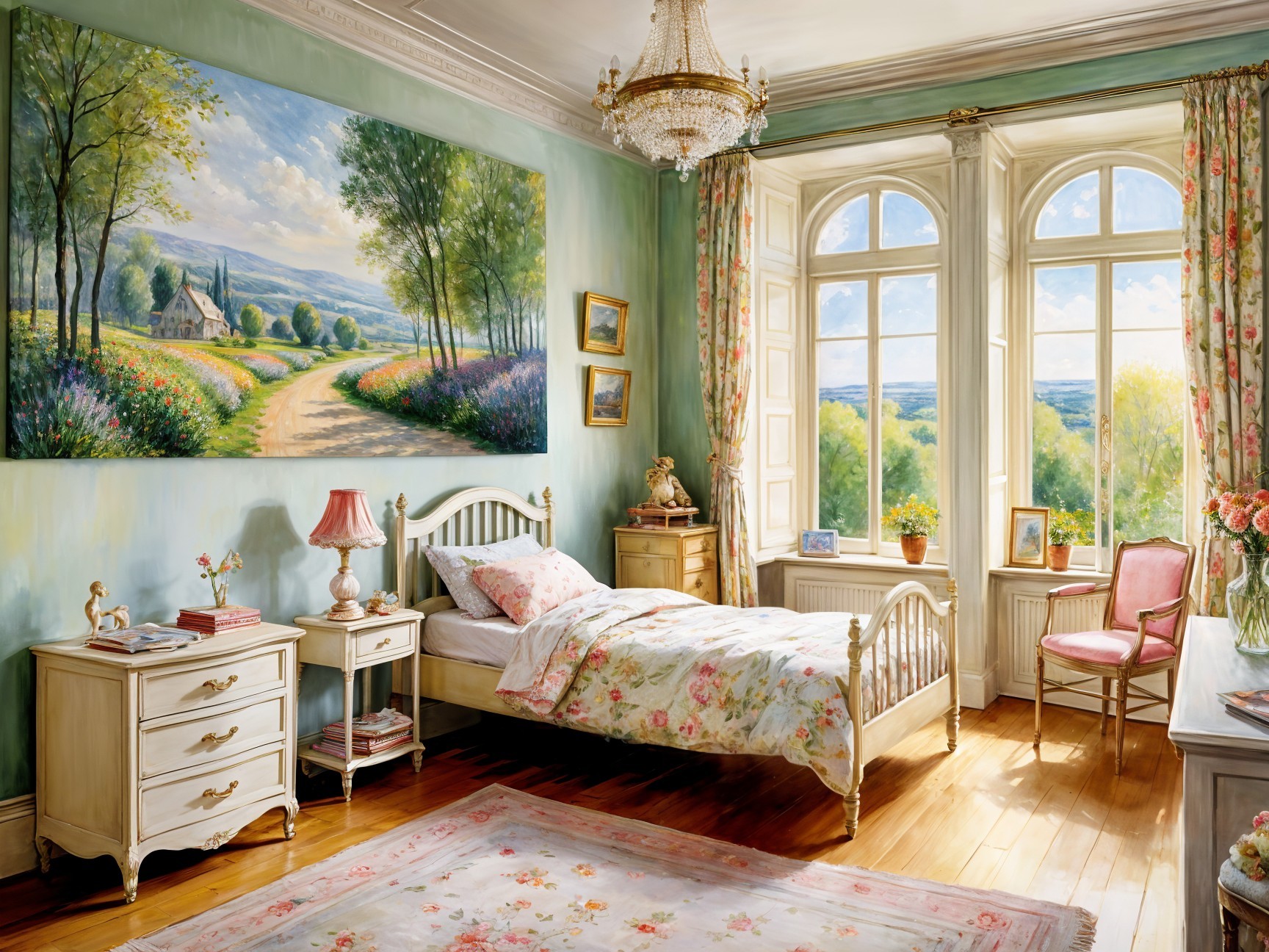 Serene Bedroom with Pastel Walls and Landscape Art