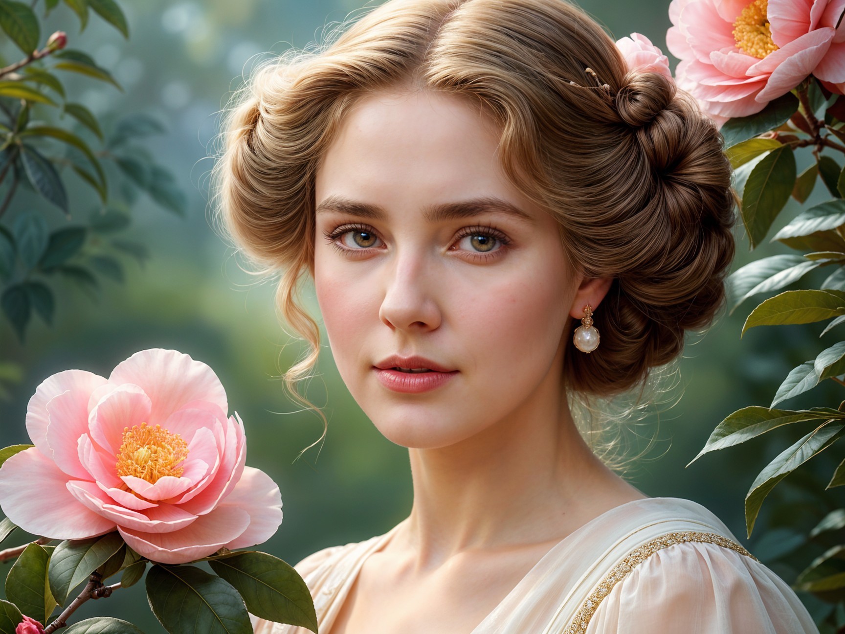 Young woman in elegant dress among blooming peonies