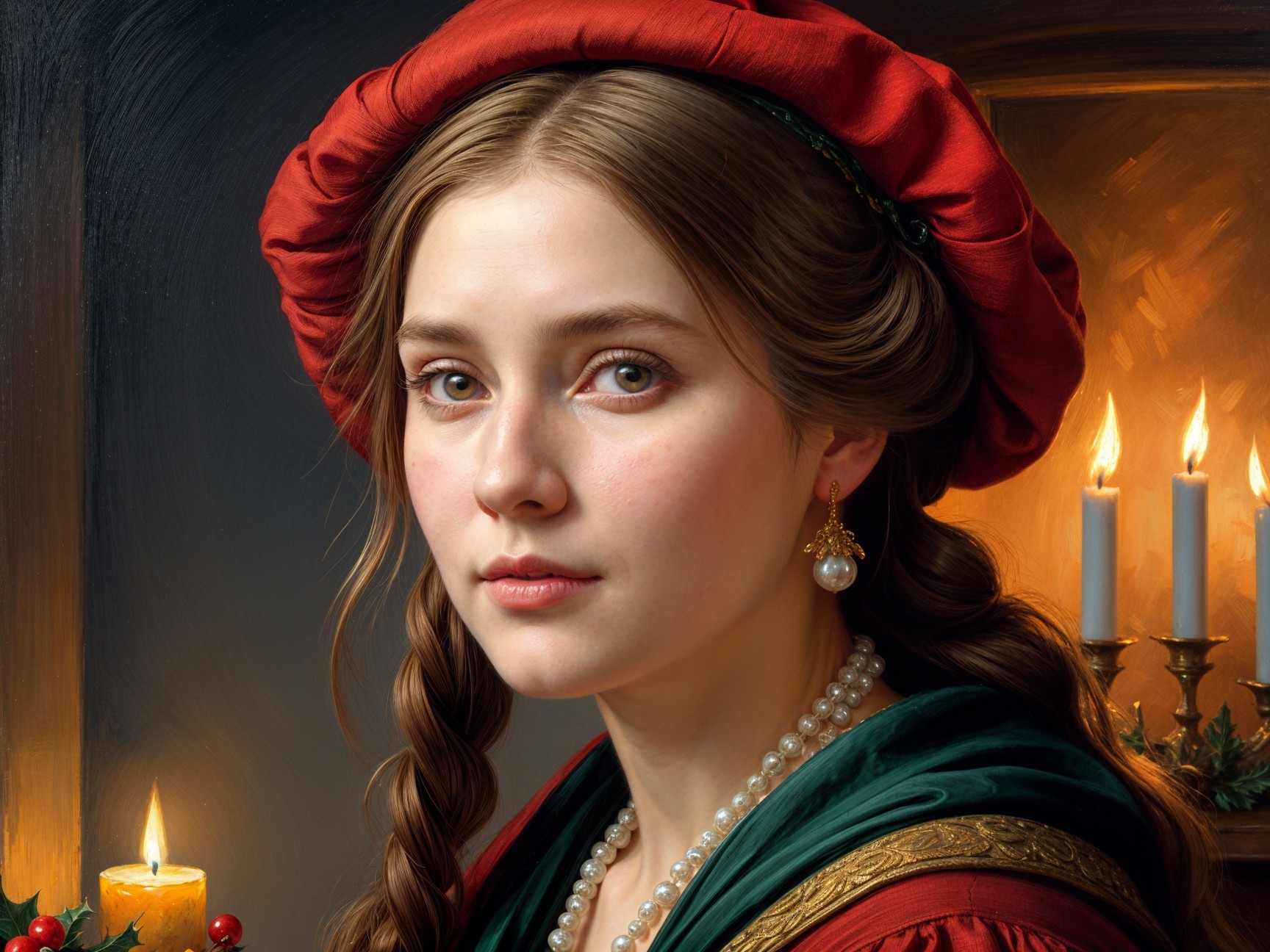 Young Woman in Colorful Dress with Red Bonnet and Candles
