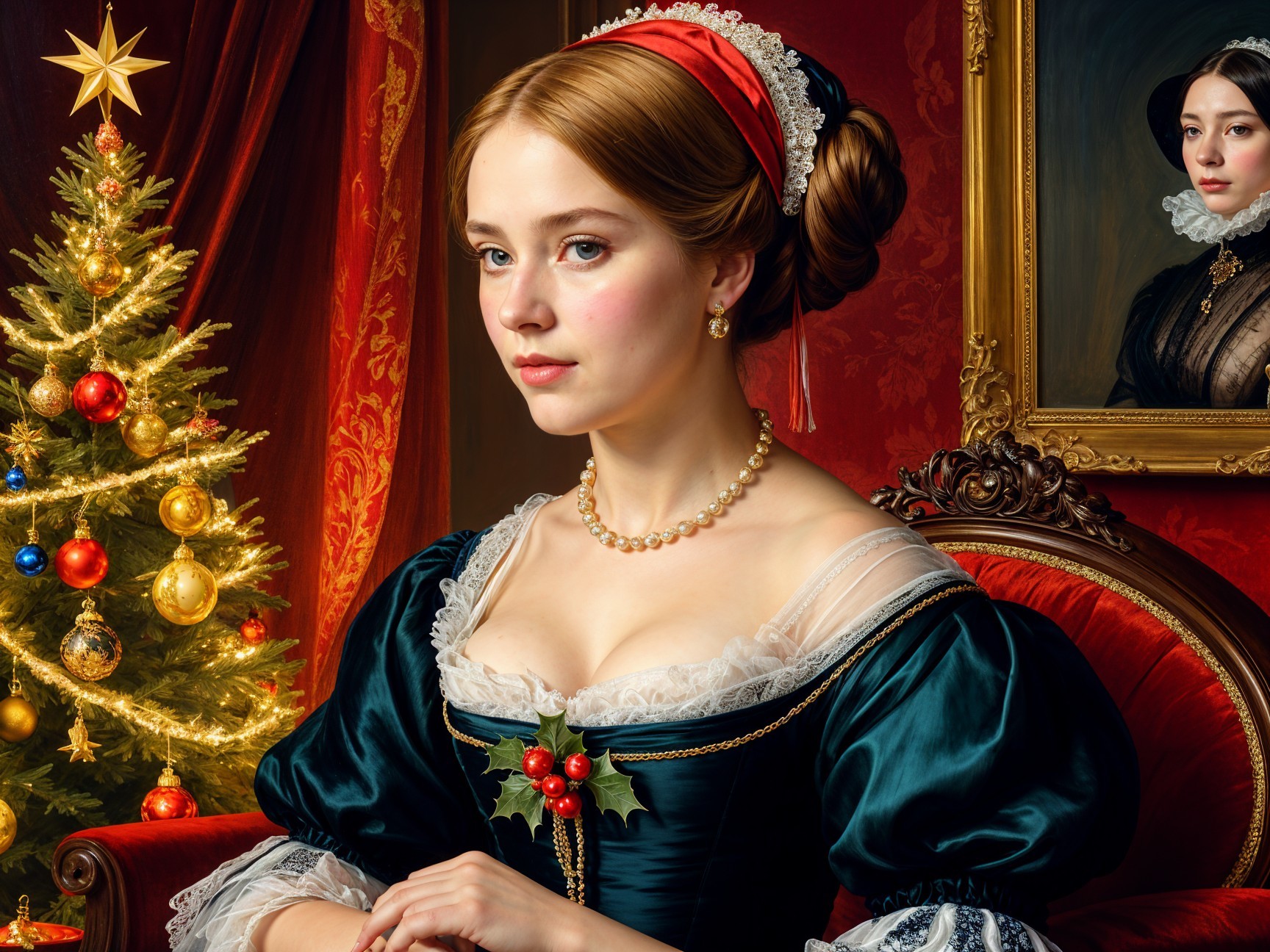 19th-Century Woman in Elegant Room with Christmas Tree
