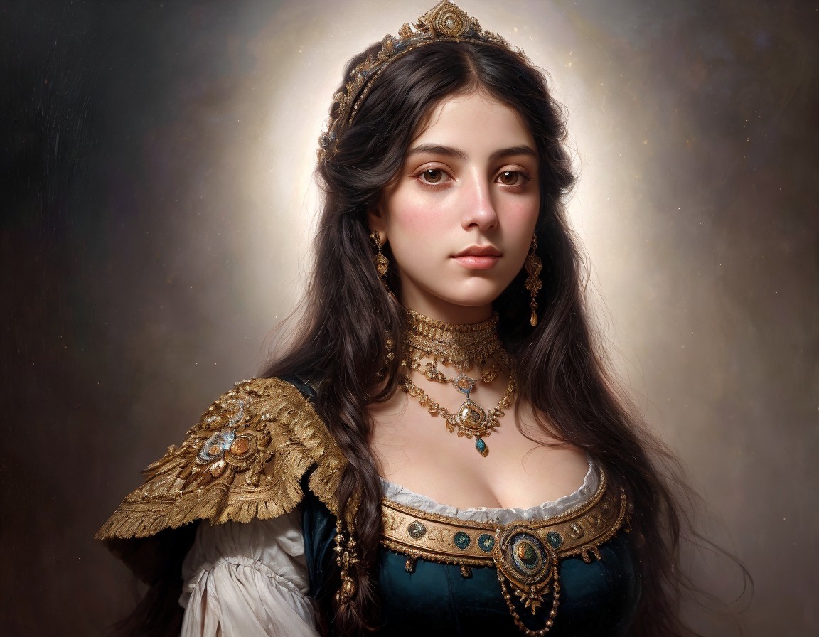 Regal Young Woman in Ornate Gown and Crown