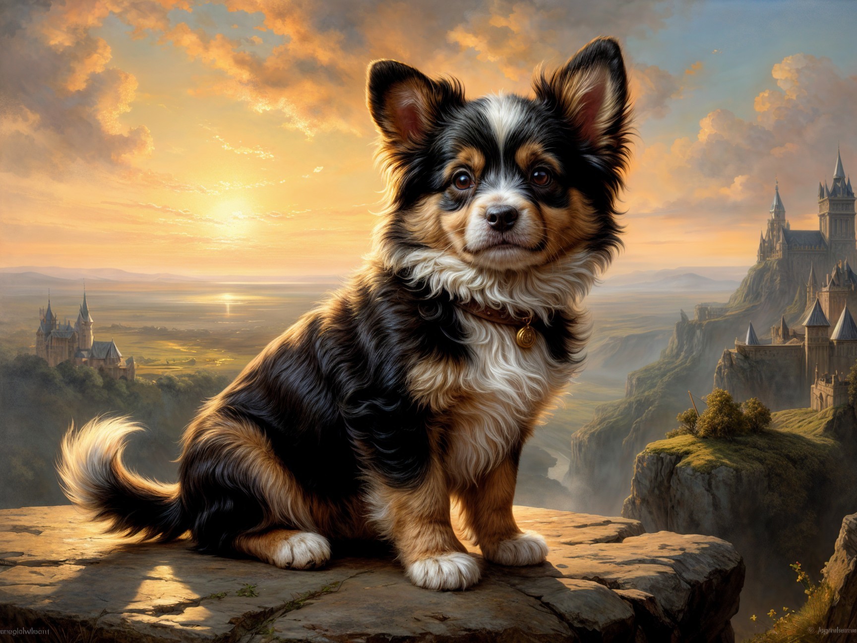 Fluffy Dog on Rocky Ledge at Sunset with Castles