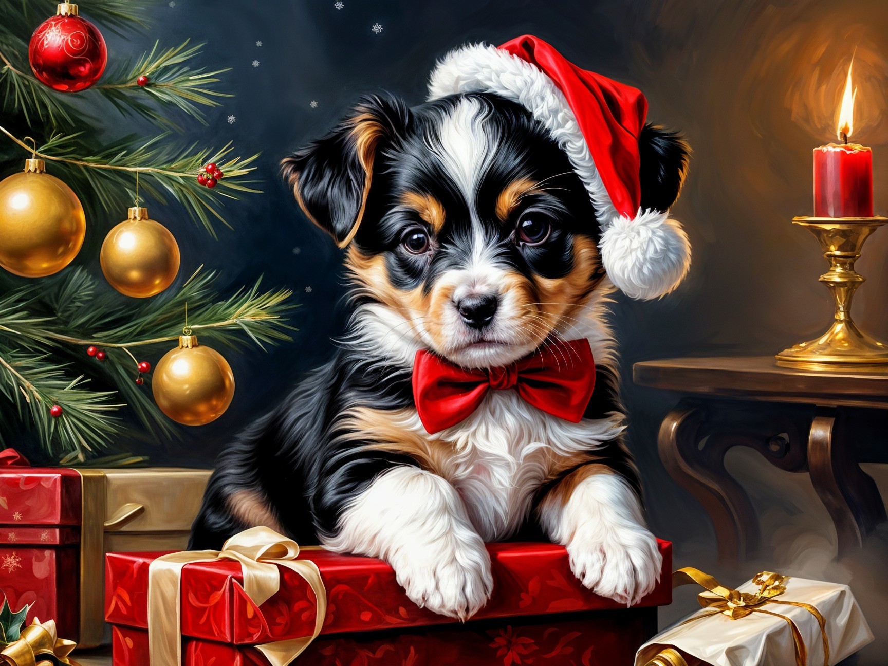 Puppy in Santa Hat Surrounded by Christmas Decor