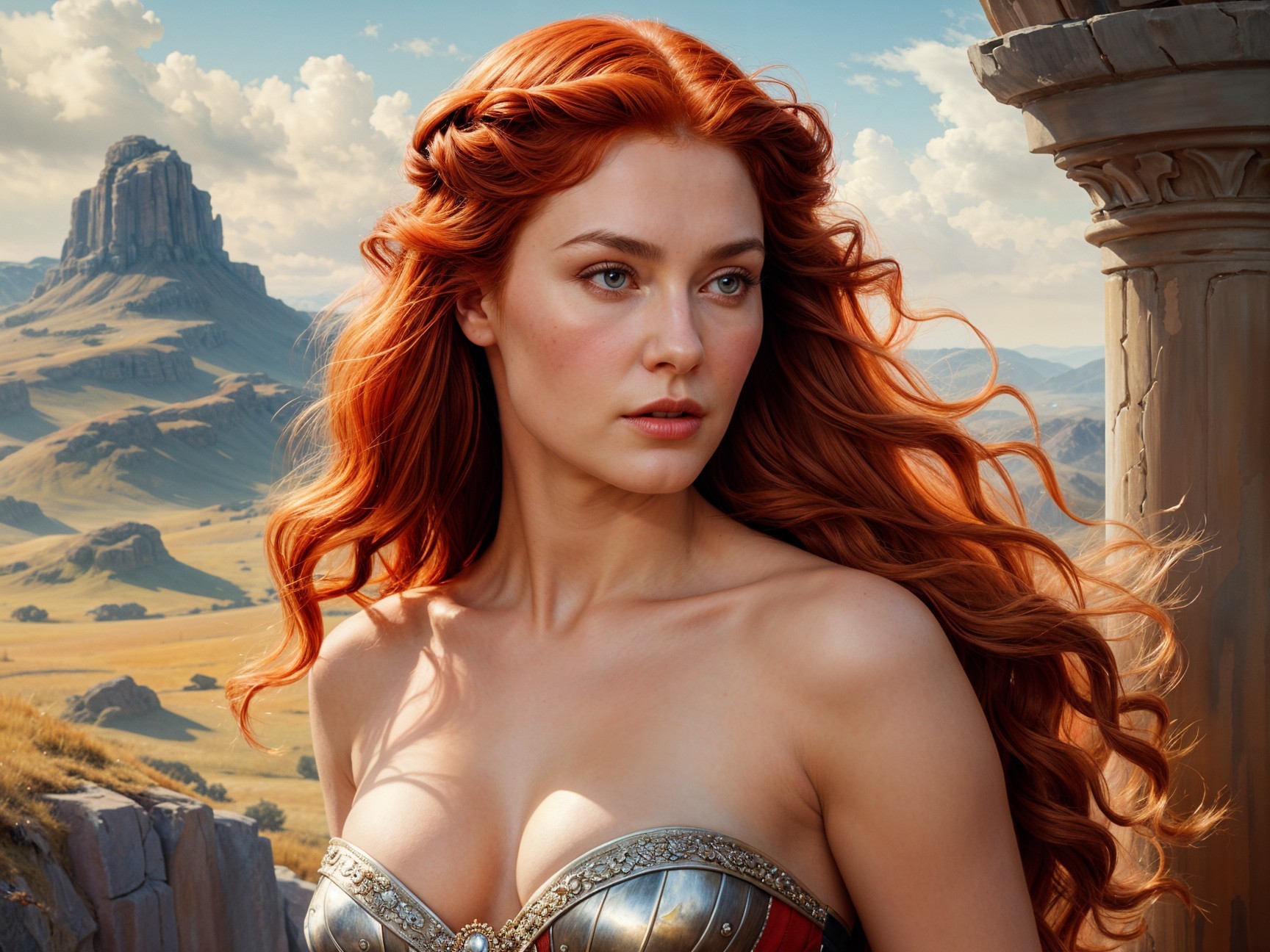 Woman in Detailed Armor Against Scenic Landscape