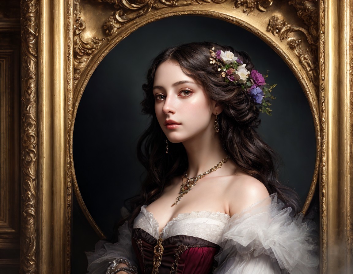 Young woman in vintage attire with dark hair and floral headpiece, framed by ornate mirror.