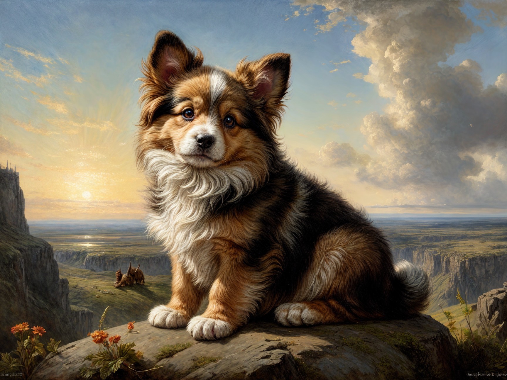 Fluffy Dog on Rocky Outcrop with Scenic Landscape
