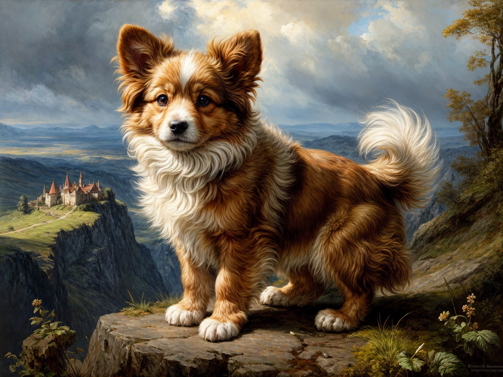 Fluffy Dog on Rocky Ledge with Scenic Landscape