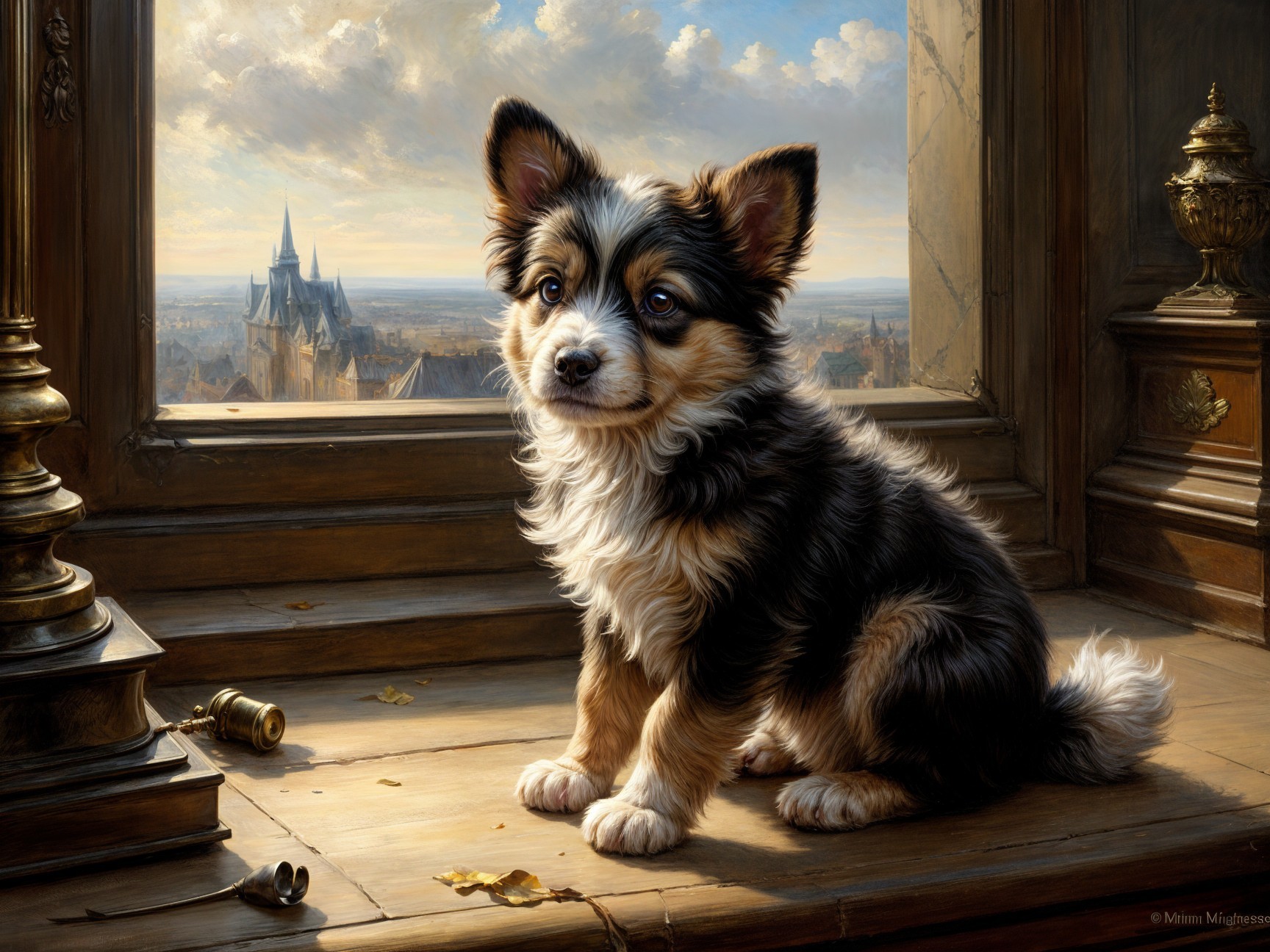 Fluffy Puppy on Windowsill with Scenic Landscape View