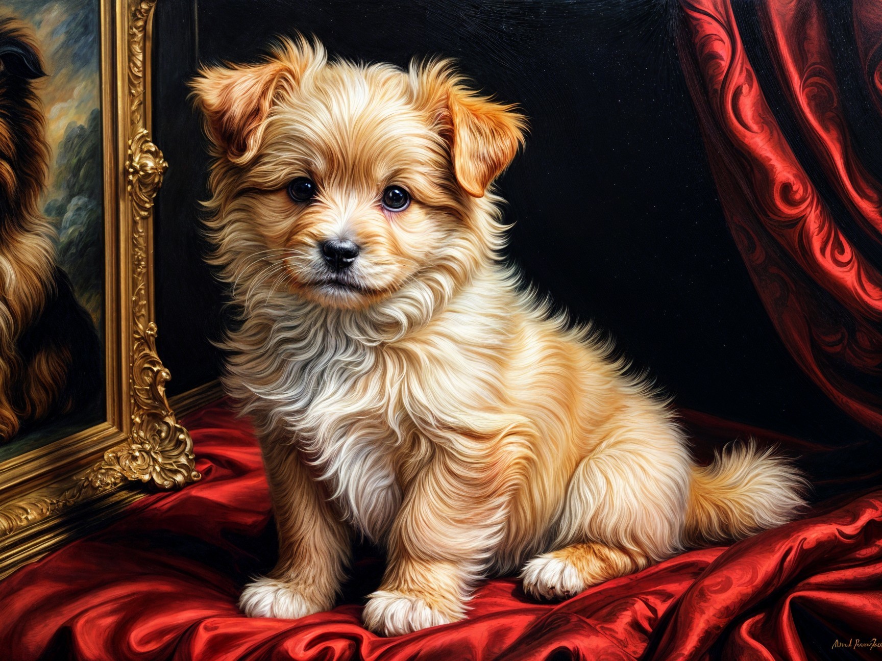Golden Puppy on Red Velvet with Ornate Frame