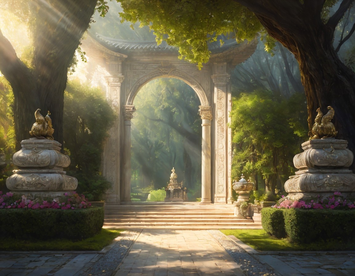 Sunlit garden with archway, statues, trees, pink flowers