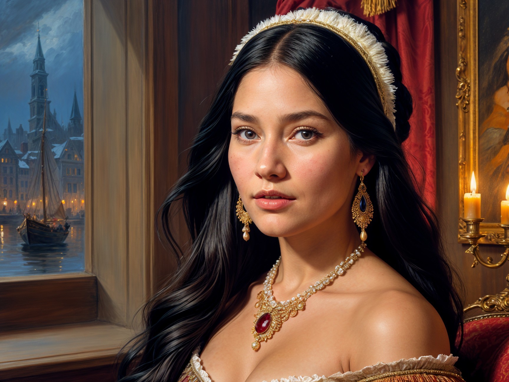 Elegant Woman with Dark Hair at Dusk Waterfront