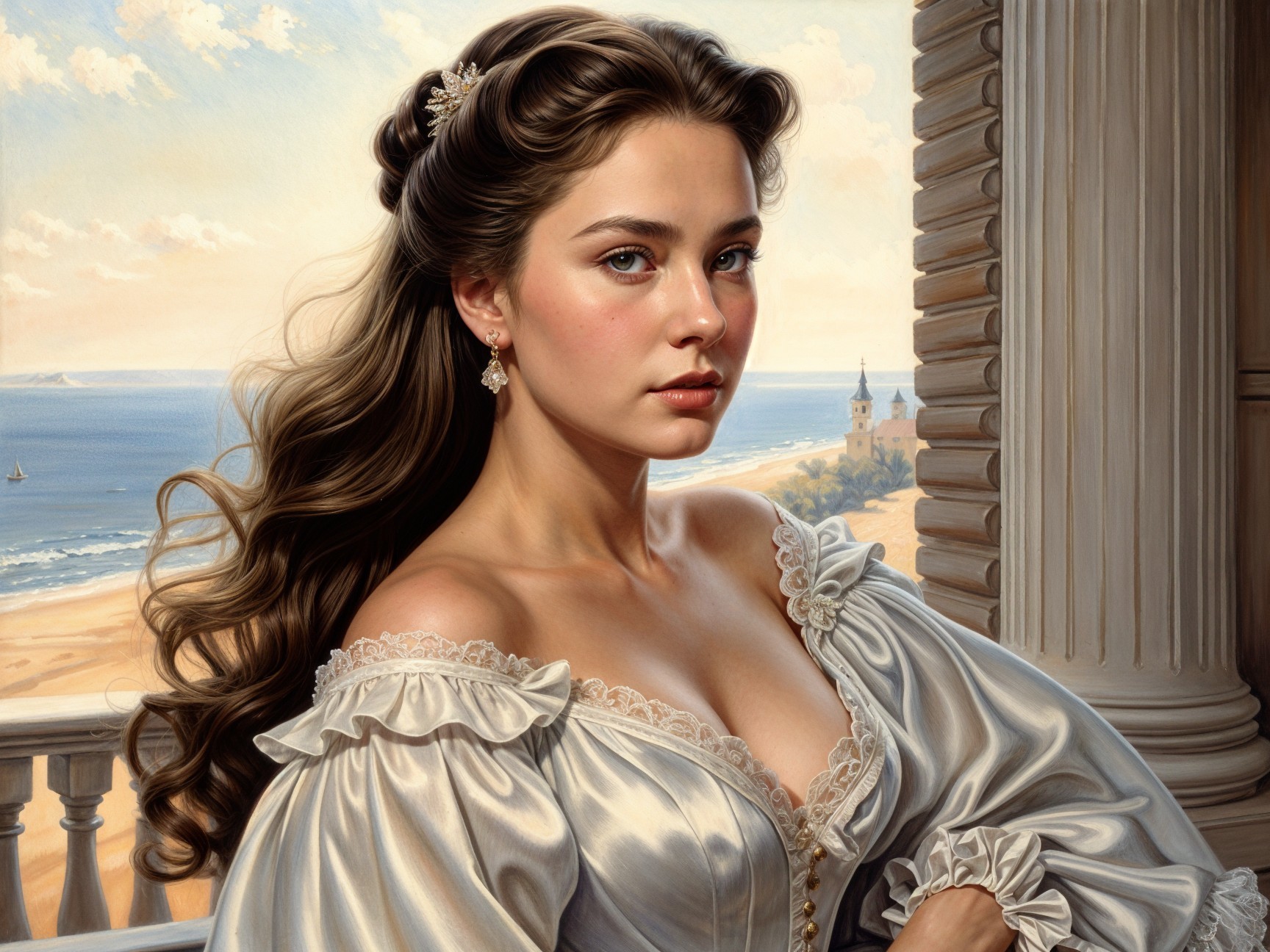 Young woman in elegant gown by serene seaside landscape
